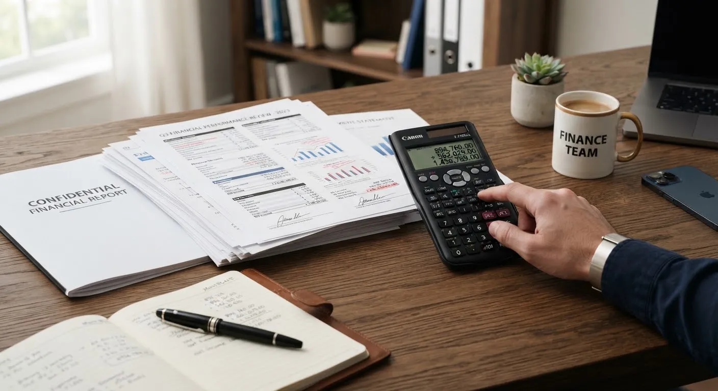 Financial documents and a calculator on a desk.