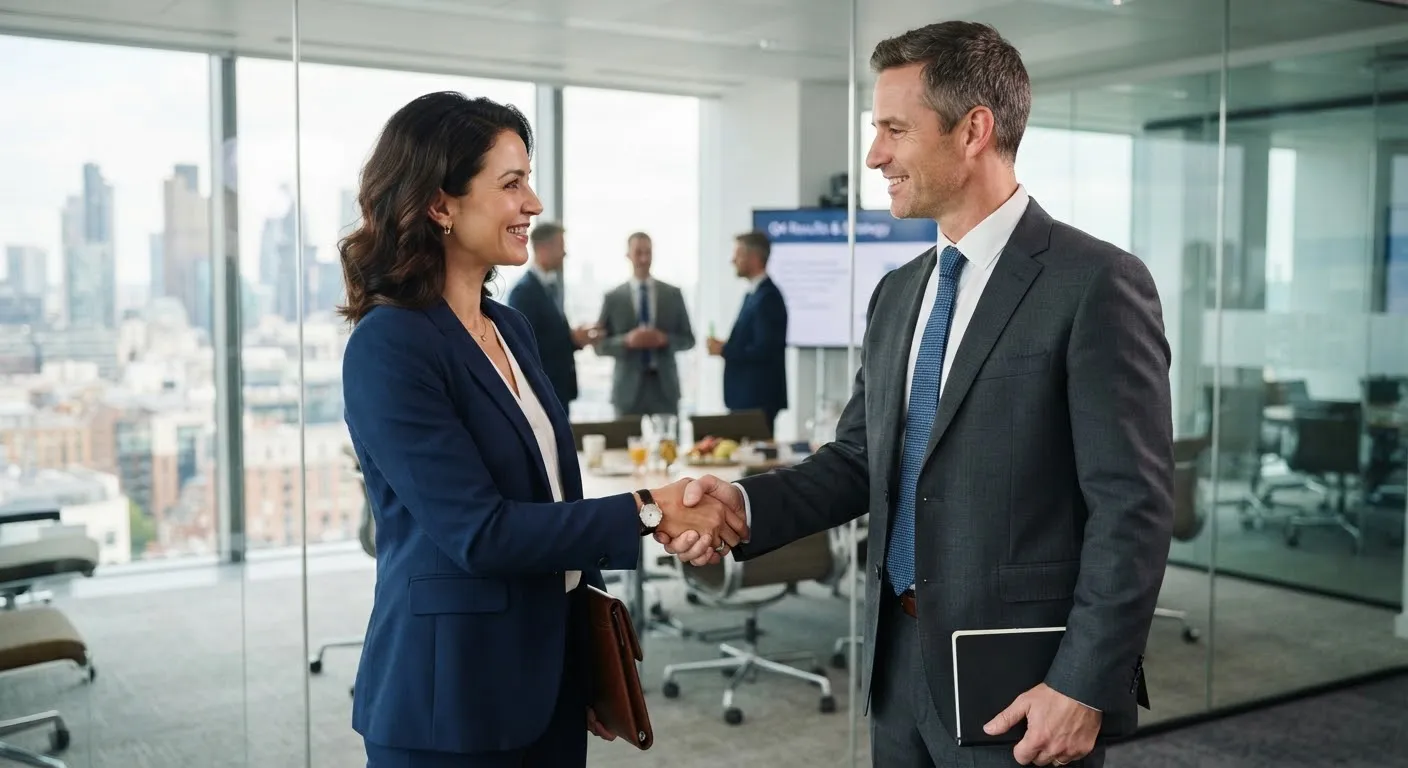 Two professionals in suits shaking hands.