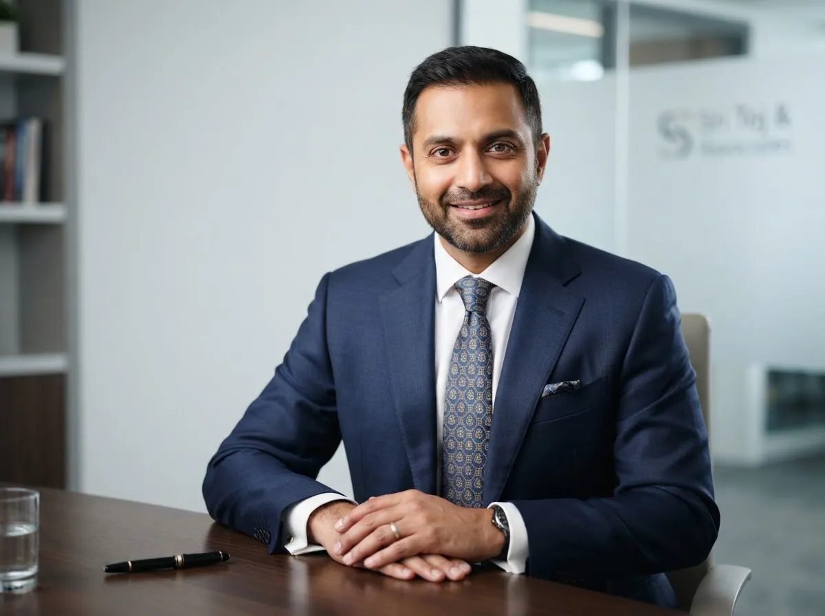 Studio portrait of a Partner at SRI TEJ & ASSOCIATES in a navy suit against a light grey background.