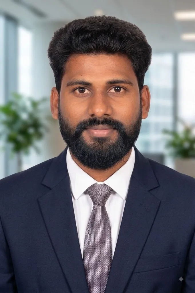 CA Srikanth, Partner at SRI TEJ & ASSOCIATES, wearing a navy suit and grey tie in an office setting.